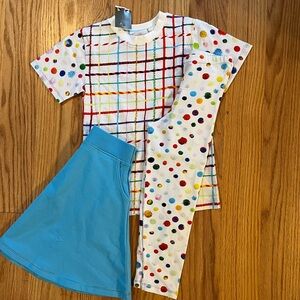 Kids Multicolor Polka Dot & Plaid Matching Set with Blue Skirt